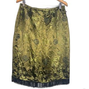 CLIO deadstock VTG Satin Skirt Size 14 Olive Green Asian Inspired Beaded Fringe